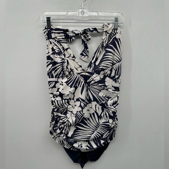 LAUREN RALPH LAUREN blue leaf print halter top one piece swimsuit.  14 - Picture 1 of 10